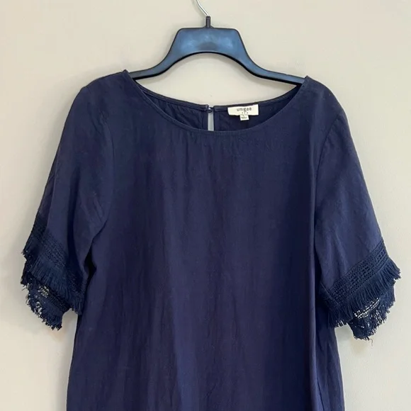 Umgee Cotton Short Sleeved T-Shirt Fringe Hem Dress in Navy Blue, size L - Picture 8 of 8